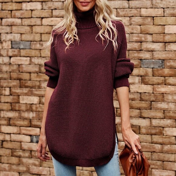 Maroon Preppy womens Turtleneck Raglan Sleeve Split Hem Sweater - Picture 1 of 5